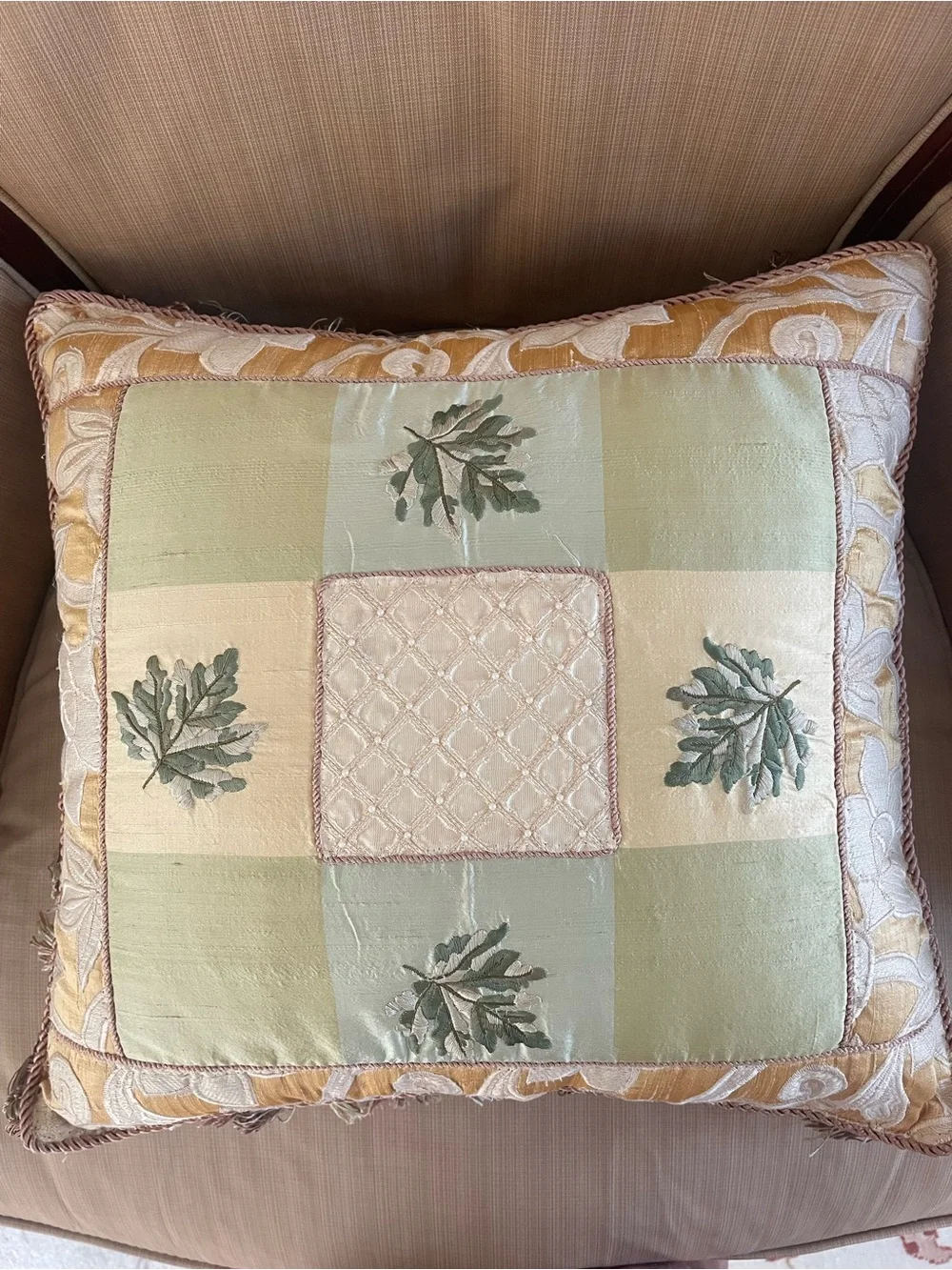 15” square  Green and Gold Embroidered Throw Pillow with tassels trim, zipper